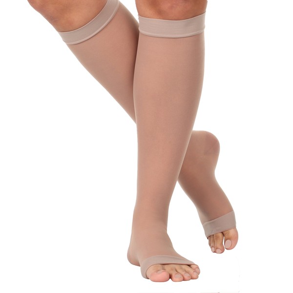 Sheer Open Toe Compression Stockings Woman's Knee-Hi Medium Support 15-20mmHg Large Nude