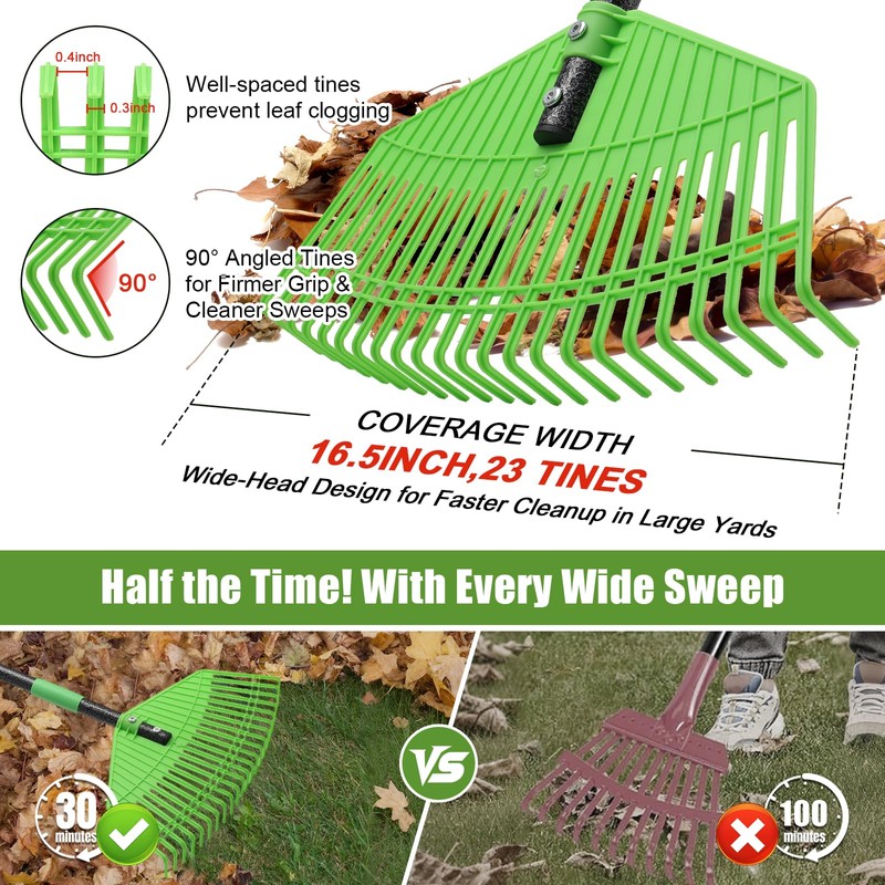 Plastic Leaf Rake - Upgraded Anti-Break Nylon Head,65" Adjustable Outdoor