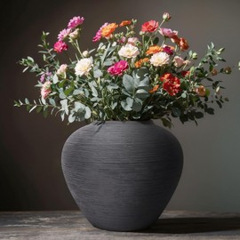 Rustic Black Ceramic Vase with Textured Finish, Large Round Terracotta Vases for Farmhouse Home Decoration, Wide Mouth Vintage Pottery Vases for Living Room, Kitchen, Table Centerpieces