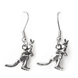 Kangaroo – 3D - 22x12mm - Silver alloy charm dangle earrings. Hypoallergenic Fishhook or Ball Post Earrings Option