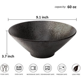 ZOOFOX 2 Pack Ceramic Ramen Bowl Set, 60 oz Japanese Noodle Bowl with Chopsticks and Spoon, Large Noodle Soup Bowls for for Udon, Soba, Pho and Asian Noodles, 9 Inch