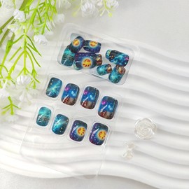 Square Press on Nails Short Fake Nails with Starry Sky Designs Glossy Glue on Nails Full Cover Nails Press ons Colorful Acrylic Nails Cute False Nails Artificial Stick on Nails for Women 24Pcs