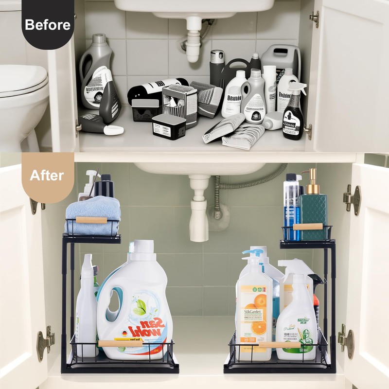 VESTCDF Under Sink Organizer, 2-Tier Pull-Out Cabinet Storage Shelf, Multi-Purpose