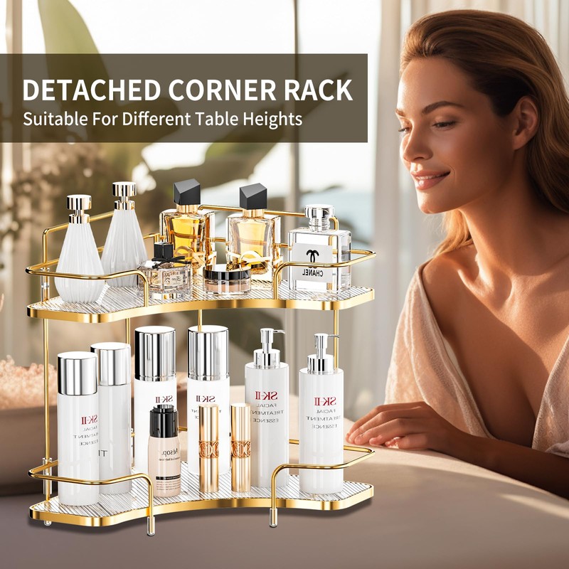 Seoneiro 2 Tier Corner Bathroom Counter Organizer, Cosmetic Skincare Organizer,