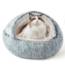 CATISM Cat Bed for Indoor Cats, Cute Cat House with Warm Hooded Plush Cat Cushion, Simi-enclose Cat Bed Cave for Cats and Small Dogs, Gray (20 * 14 Inches)