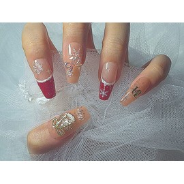 [In-Store Special Discount] Red Beige Christmas Handmade Nail Tips - Coffin / [입점초특가할인]레드 베이지 크리스마스 수제네일팁 - 코핀