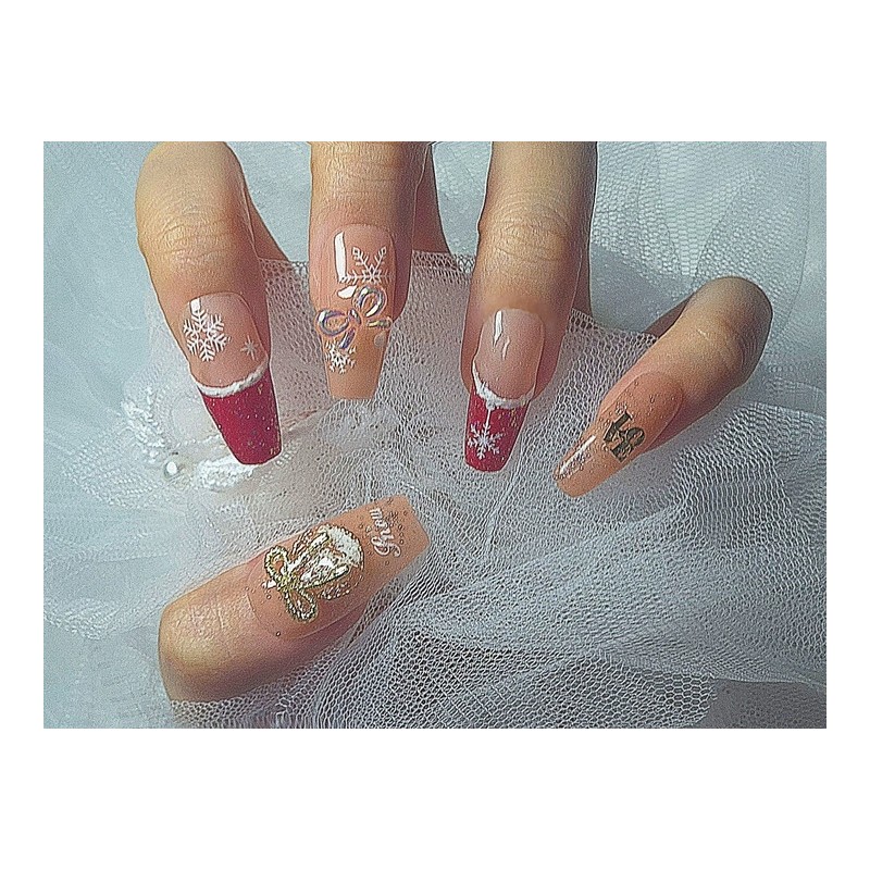 [In-Store Special Discount] Red Beige Christmas Handmade Nail Tips -