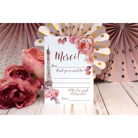 Ooh La La Watercolor Floral Paris Birthday Thank You Notes, Ten 4" x 5.5" Fill In The Blank Cards with 10 White Envelopes by AmandaCreation