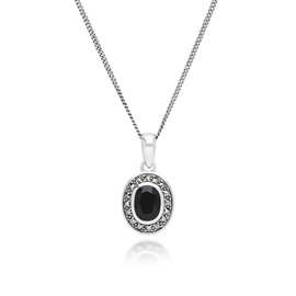 Gemondo USA 925 Sterling Silver Oval Cut Black Spinel & Marcasite Classic Pendant Necklace, 18" Length