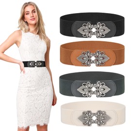 LEACOOLKEY 4 Pieces Women Stretchy Wide Waist Belts Chic Stylish Elastic Cinch Belt Ladies Vintage Elegant Stretch Wide Cinch Belt For Dress (Suitable for waist 26''-32'',Black+Brown+Grey+Beige)