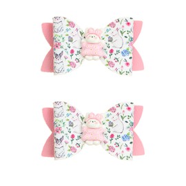 2Pcs Easter Hair Bow Clips - Lovely Bunny Egg Rabbit Pattern Headwear Handmade Boutique Grosgrain Leather Alligator Hair Barrettes Party Cheer Accessories for Toddlers Girls Kids (Pink Rabbit)