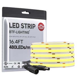 BTF-LIGHTING UL-Listed FCOB COB LED Strip Light 3000K DC24V Dimmable Warm White 5M 480LEDs/m Flexible LED Light Strip 8mm Width for Bedroom TV Backlight Cabinet Home Decor (No Adapter or Controller)