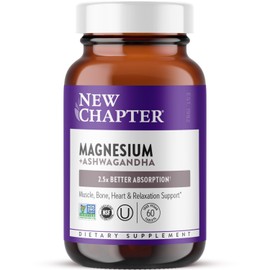 New Chapter New Chapter Magnesium + Ashwagandha Supplement, 325 mg with Magnesium Glycinate, 2.5x Absorption, Muscle Recovery, Heart & Bone Health, Calm & Relaxation, Gluten Free, Non-GMO - 60 ct (2 Month Supply)
