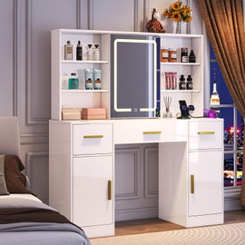 Vanity Desk with Sliding Mirror and LED Lights, 7 Open Storage Space, 3 Drawers & 2 Cabinets Large Makeup Vanity, Dressing Table with Charging Station, Hairdryer Holder, Bedroom Make Up Table, White