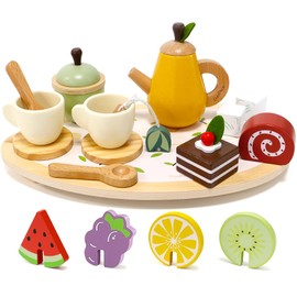 PairPear Wooden Tea Party Set for Little Girls 20pcs Pretend Play Fruit Tea Set with Pear Teapot, Dessert & Citrus Slices, Kids Kitchen Accessories Wooden Toys Food for Toddlers & Kids 3+