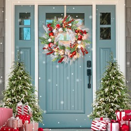 Christmas Wreath with Lights,22-24In Large Christmas Wreaths for Front Door,Battery Operated,Red Berrie,Ball Ornaments and Pine Branch for Door Window Wall Christmas Decoration