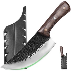 FULLHI Multi-color Wood Handle Full Tang Heavy Meat Cleaver with Sheath, High Carbon Steel Chef Meat Slicing Kitchen Knife for Outdoor Cooking, Camping BBQ (Brown, 6.85inch)