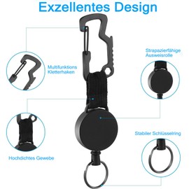 Extendable Key Fob, Key Chain Extendible with Multitool Carabiner, Key Roll with Steel Wire Cord up to 63 cm, Black