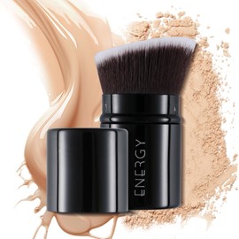 ENERGY Kabuki Foundation Brush Mini - Makeup Brush Retractable Travel for Liquid Loose Powder & Blush Buffing, Bronzer & Cream Blending, Angled Face Cosmetic Brushes Cruelty Free With Cover (Black)