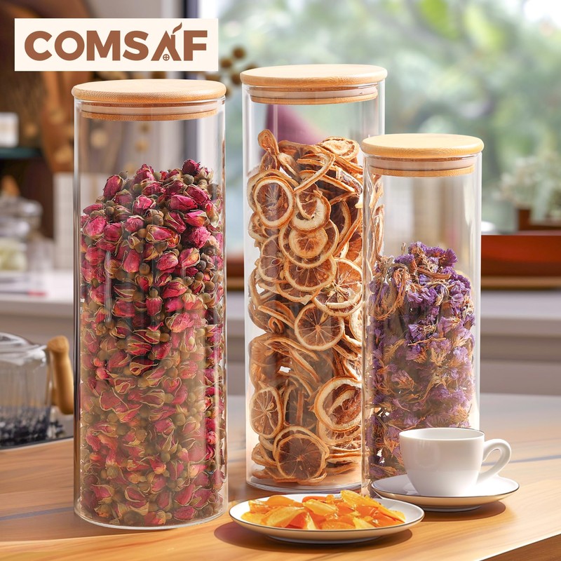 ComSaf Glass Food Storage Jars Set of 6, Tall Glass