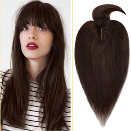 S-noilite Real Hair Topper Upgraded Silk Base Clip In Topper with Wispy Bangs for Women Crown Human Hair Topper for Thin Hair 120% Density(10 Inch,Dark Brown)