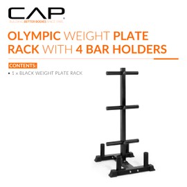 CAP Barbell Olympic Bumper Plate Tree Rack with 6 Weight Plate Posts and 4 Barbell Storage Holders – Heavy-Duty Steel Gym Organizer for Olympic Plates and Bars - Black