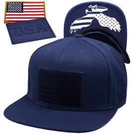 Antourage Gorra de béisbol unisex de la bandera estadounidense para hombres y mujeres, gorra de visera plana de malla con la bandera de Estados Unidos + 2 parches patrióticos, (73) Azul Marino Visera Plana Snapback, Talla única