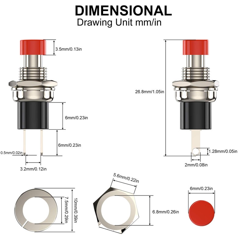 DIYhz Momentary Push Button Switch, 1A 250VAC SPST Mini Pushbutton