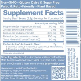 BodyHealth PerfectAmino Powder - Polvo BCAA y EAA sabor Sandia para antes y después del entrenamiento, polvo de bebida energética vegana de aminoácidos para hombres y mujeres