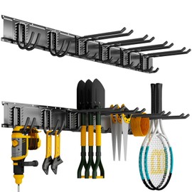 CRXCRC Garage Organization Tool Organizer Wall Mount, 48inch Heavy Duty Garden Tool Storage System, Easy Install With 6 Adjustable Hooks, For Home, Garage, Outdoor, Workshops (Black)