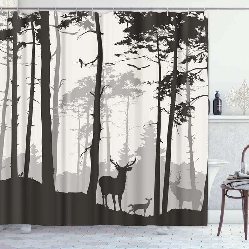 Semtomn Decorative Shower Curtain Silhouette of Pine Forest Family Deer