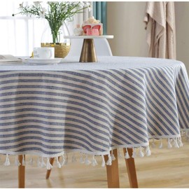 meioro Table Cloth Blue White Striped Tablecloth Tassels Cotton Linen Dust-Proof Table Cover for Dining Coffee Buffet Kitchen Picnic Tables, Parties Holiday Tablecloths (Round 59 Inch)