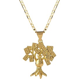 18K Gold Plated 100 Dollar Bill Tree Pendant Necklace for Women Men Money Tree Pendant 3mm Flat Figaro Chain Necklace 18/22 inches - Style: chain length: 18"