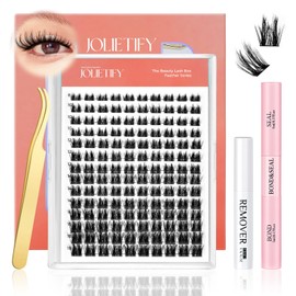 JOLIETIFY Lash Extension Kit, Dense Volume, Soft & Fluffy, Faux Mink 8-18mm Cluster Lashes, Reusable Individual Lashes with Waterproof Bond & Seal, Tweezers & Remover, Easy to Apply, DIY for Beginners