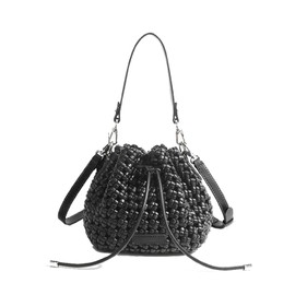 JINMANXUE Fashion Hollow Bucket Tote Bag For Women, Crossbody Female Handbag Woven Silk bag Leisure Leather Shoulder Bag (P-Black)