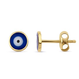 14K Real Solid Gold Evil Eye Stud Earrings For Women, Lucky Good Luck Nazar Protection Dainty Minimalist Blue Turkish Eye Everyday Earrings