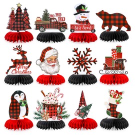 Whaline 12Pcs Merry Christmas Honeycomb Centerpieces Red Black Buffalo Plaid Honeycomb Decor Assorted 3D Xmas Table Decoration for Party Favor Supplies