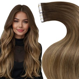 Hetto Real Hair Tape-In Extensions Blonde Tape Extensions Real Hair Remy Hair Extensions Tape-In Extensions #6/8/14 Medium Brown to Light Brown and Darkest Blonde 50 cm 50 g