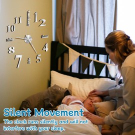 SITAKE DIY Modern Wall Clock, 3D Frameless Wall Clock, Large Mirror Sticker Wall Decor for Living Room, Dining Room, Bedroom (Silver)