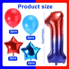 Spider Themed Birthday Balloons Set, 47in Giant Foil Spider Web & 4pcs Star & 4pcs Round Red Blue Balloons Ideal Birthday Cartoon Theme Party Decorations and Favors(Number 1)