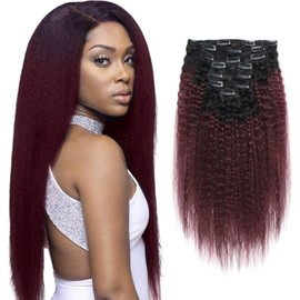 ABH AMAZINGBEAUTY HAIR Kinky Straight Ombre Human Hair Clip in Extensions Double Weft Real Remy Human Hair for Black Women Natural Black Fading Iinto Cherry Wine 7 Pieces 120 Grams KS TN-99J, 16 Inch