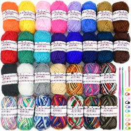 30 Acrylic Yarn Skeins,Multicolor Crochet Acrylic Yarn for Crocheting and Knitting,with Crochet Hooks Knitting Needles Stitch Markers,Crochet Starter Kit for Beginners(1950 Yards/750g)