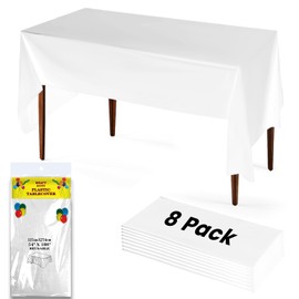 White Table Cloth Rectangle, 8 Pack Plastic Disposable Tablecloth 54 x 108 inch, Dining Table Cover Cloth for Parties, Camping, Indoor & Outdoor Use, Decorative Tablecloths for Rectangle Tables