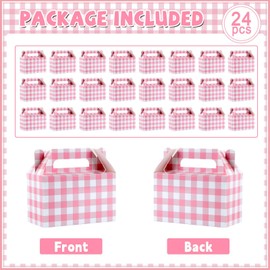 24 Pack Pink Plaid Paper Treat Boxes Gingham Party Decorations Pink Checkered Cardboard Present Boxes with Handles Pink White Gingham Party Favor Box for Birthday Party Family Dinner Picnic Barbecue