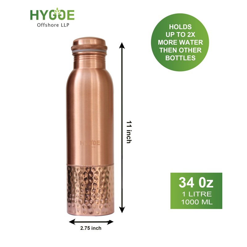 HYGGE 34oz (1L) Pure Copper Water Bottle – Leak-Proof Ayurvedic