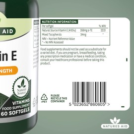 Natures Aid Vitamin E 400iu – Supports Skin, Heart & Immune Health - Natural Source – High Strength Antioxidant – Non-GMO, Gluten-Free – 60 Softgel Capsules