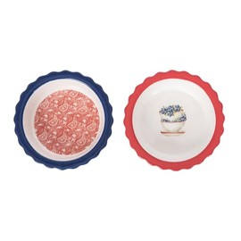 Transpac Americana 5.75 Inch Diameter Ceramic Serving Dish Pie Plate Set of 2 Red White and Blue Bandana and Blueberry
