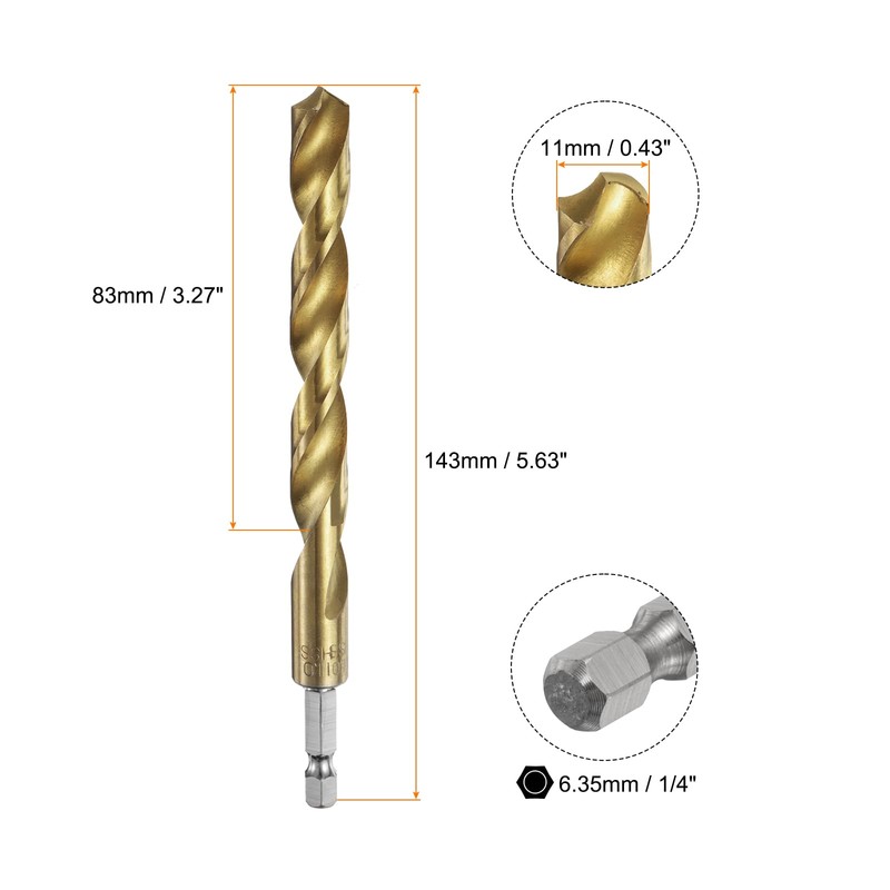 sourcing map 1/4" Hex Shank Twist Drill Bits 11mm Titanium