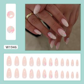 24Pcs Press on Nails Medium Short Almond French Tip with Nude Pink Flower Design Acrylic Nails Fake Nails Thick Glossy Full Cover Glue on Nails Stick on Nails for Women W1946