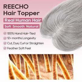 REECHO Hair Toppers for Women Real Human Hair, Seamless Human Hair Toppers with Bangs, 360° 3D Cover Clip in Bangs Hair Extensions for Daily Wear, Gray